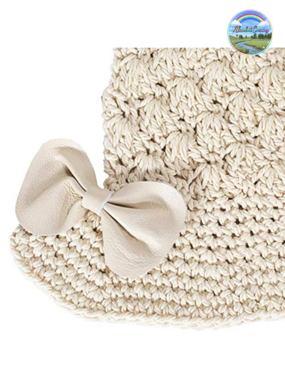 Hand Knitted Cotton Bucket Hat with Leather Bowknot for Women Foldable Travel